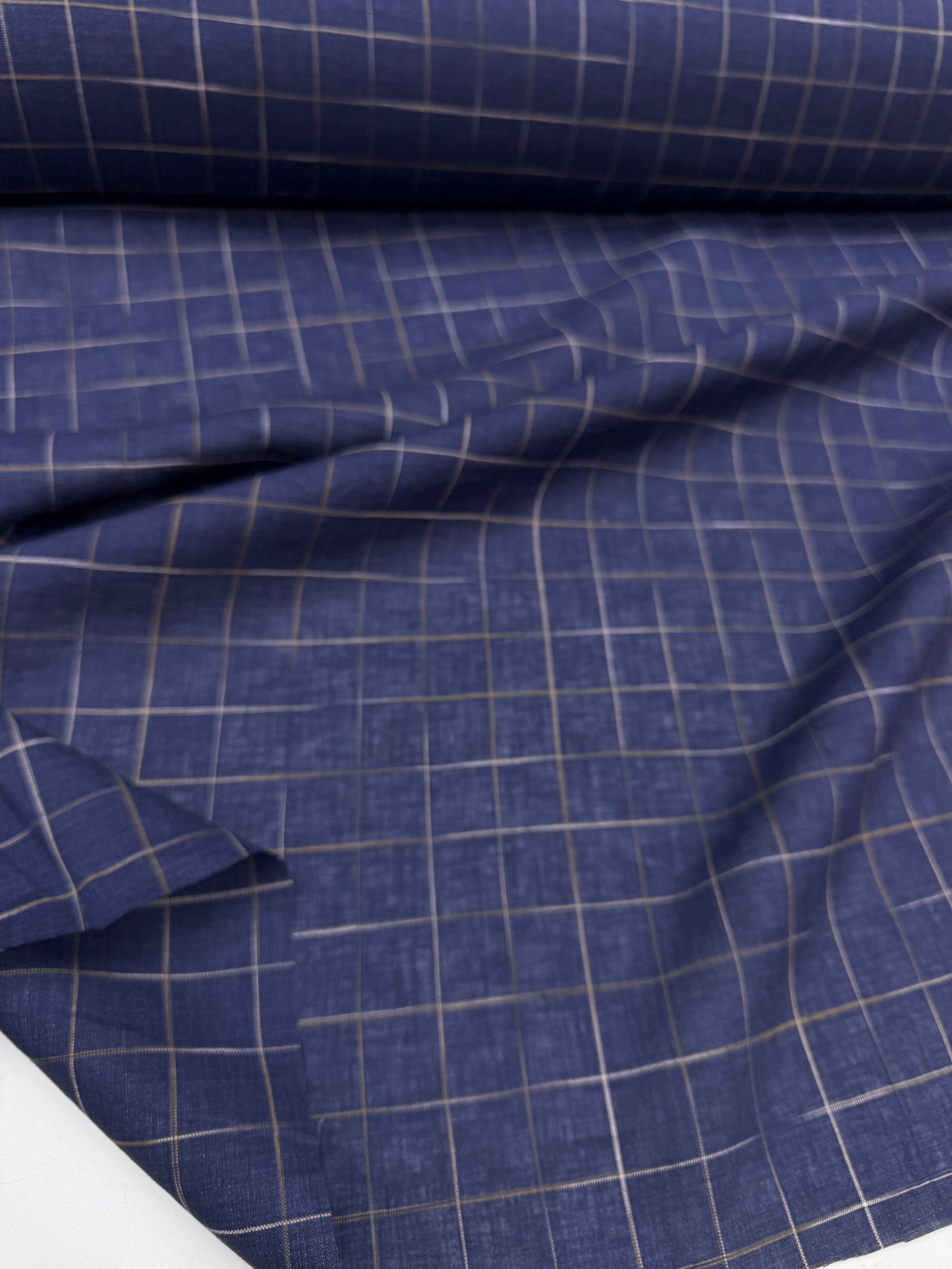 Linnen met jacquard geweven blokje blauw
