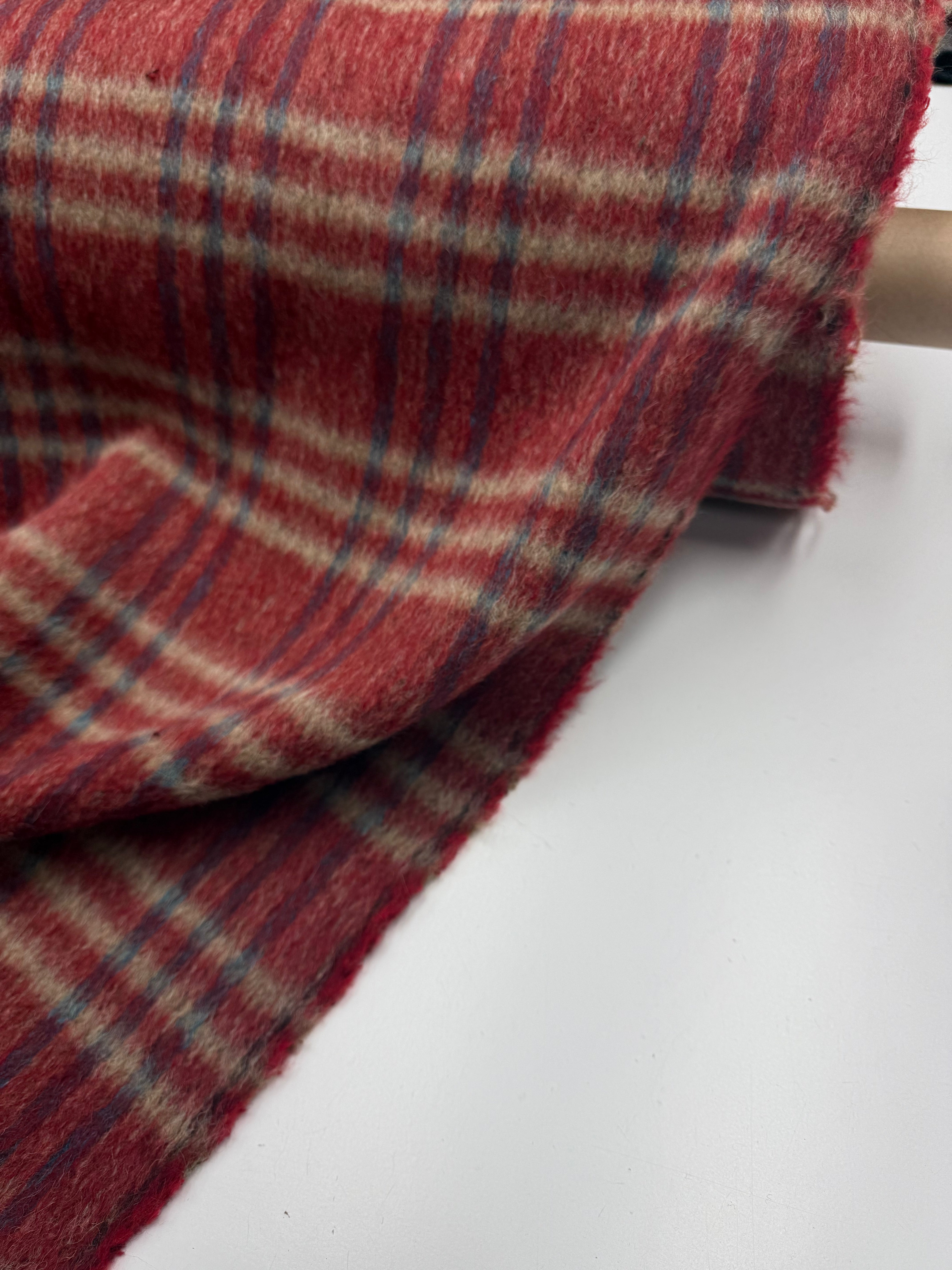 Wool mix furry check red blue.