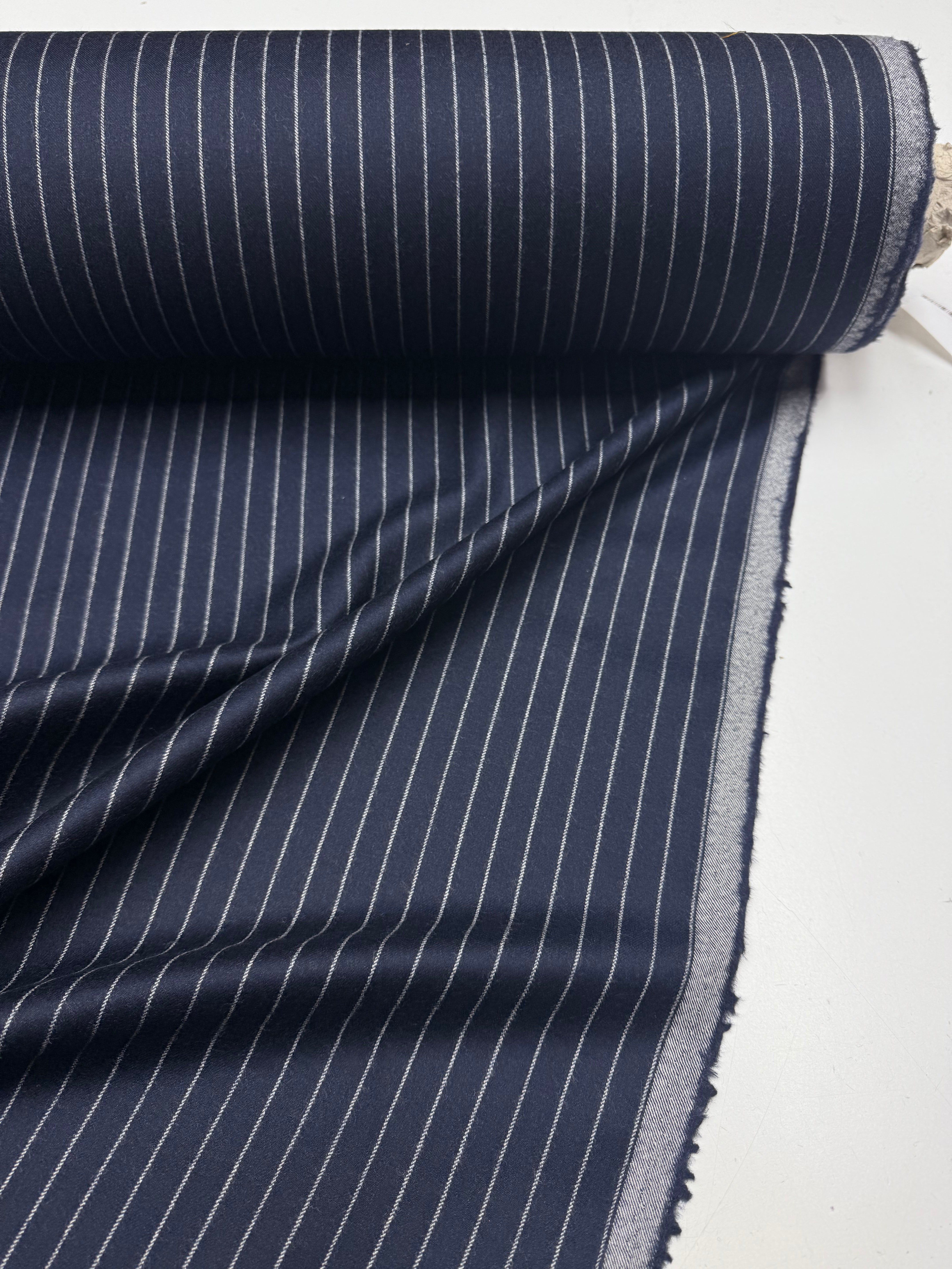 Wool trousers thickness flannel pinstripe navy ecru