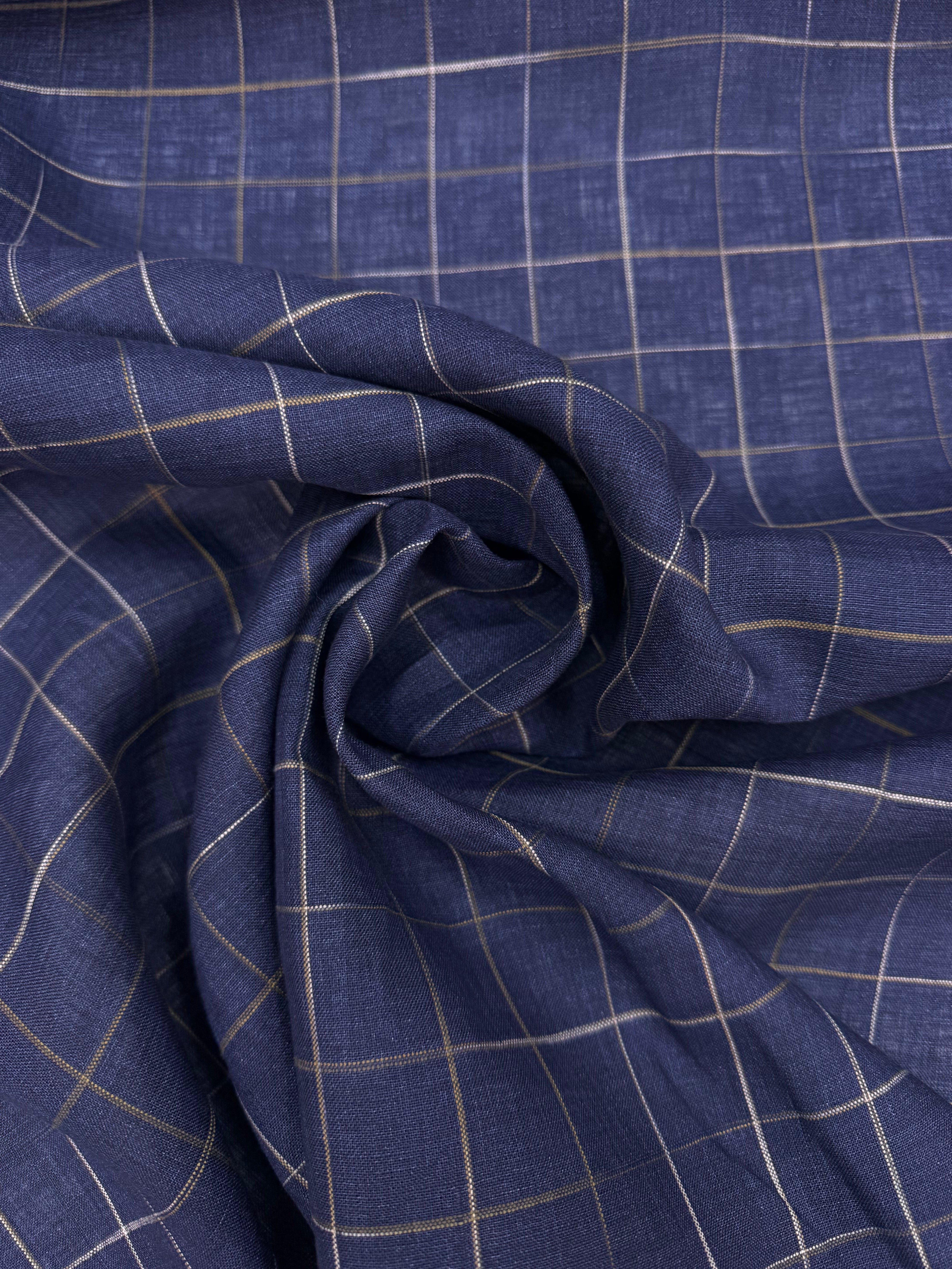 Linnen met jacquard geweven blokje blauw