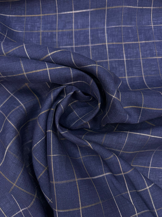 Linnen met jacquard geweven blokje blauw