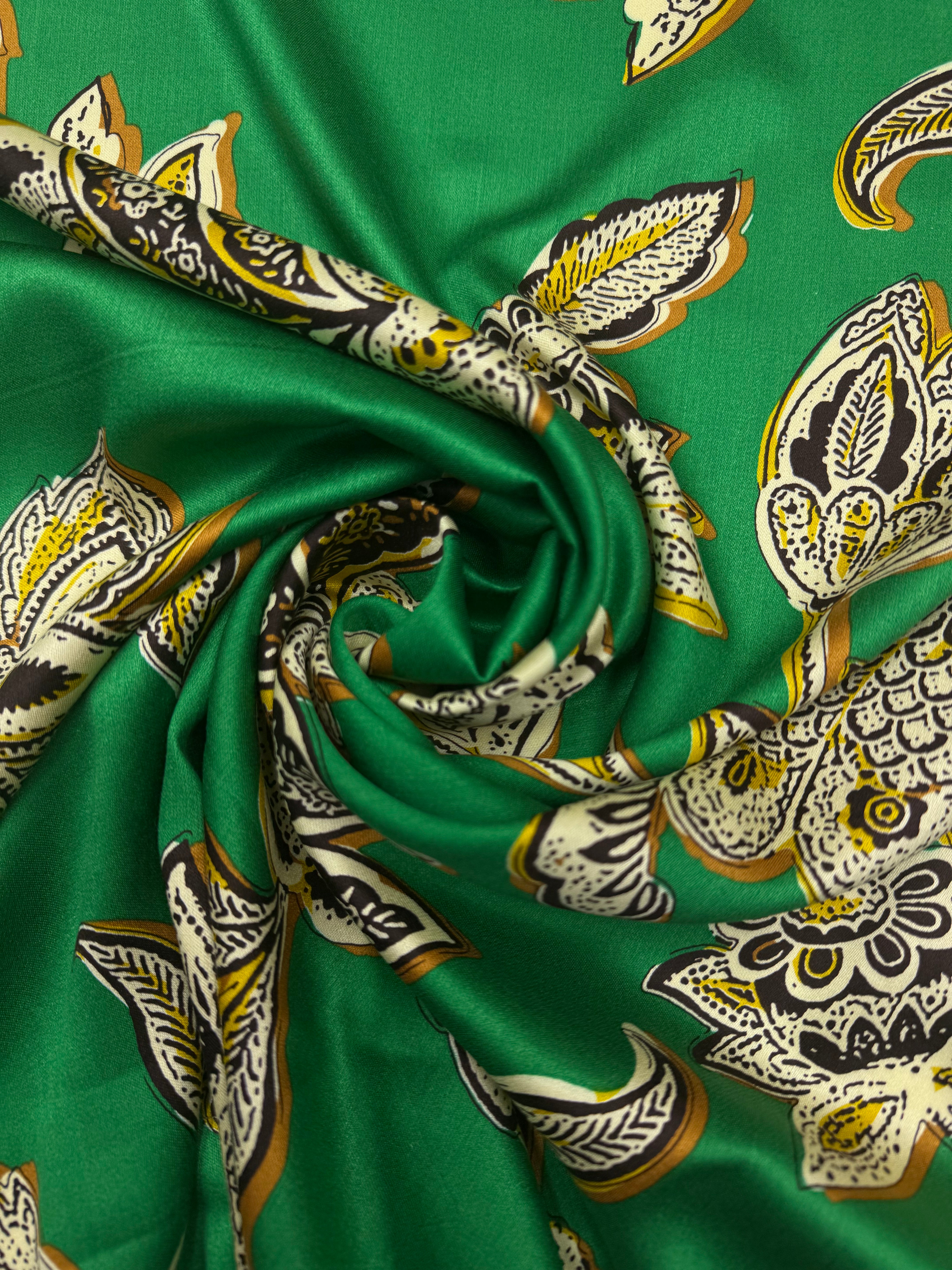Viscose Satin Weave Paisley Green Brown