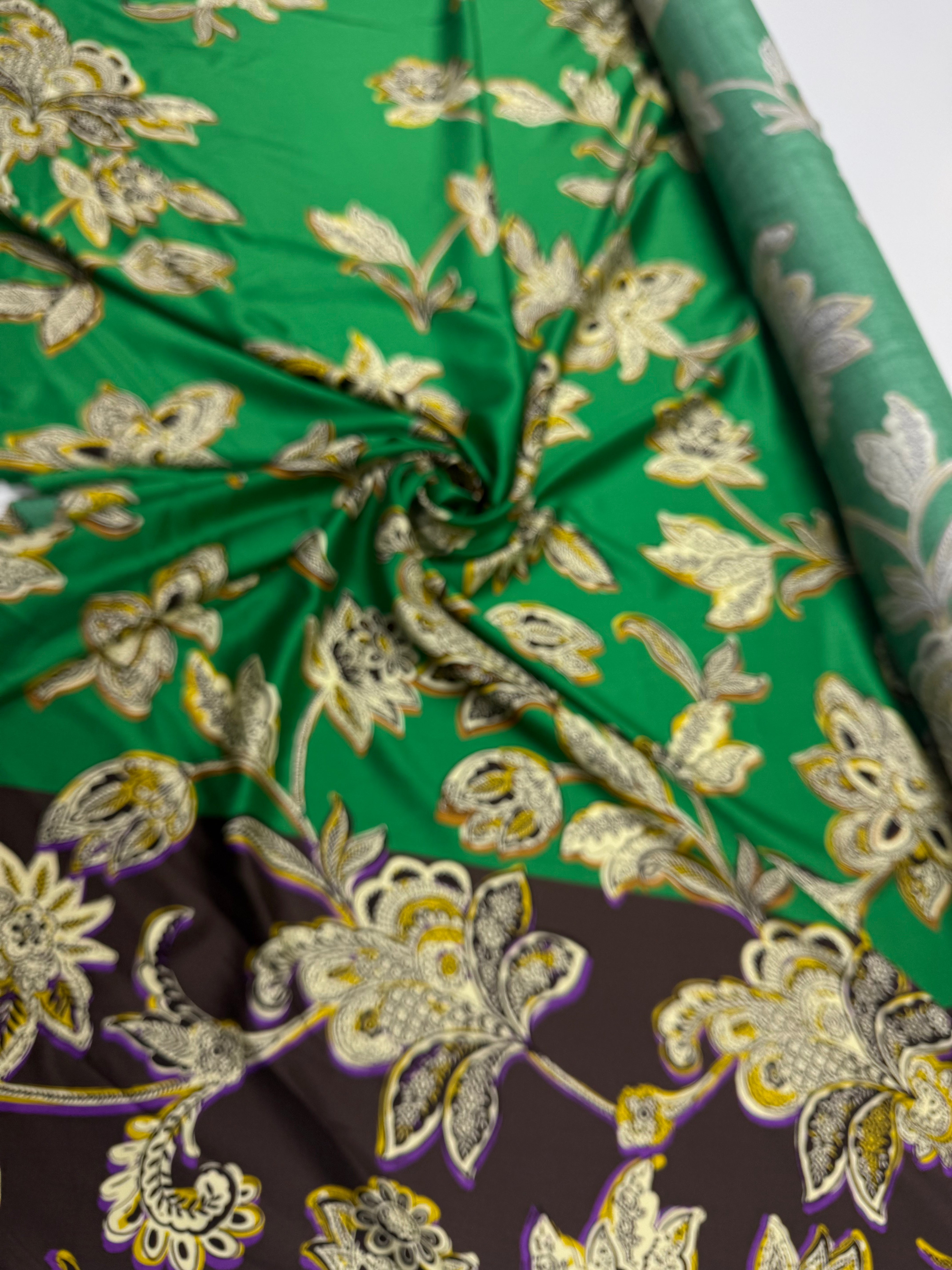 Viscose Satin Weave Paisley Green Brown